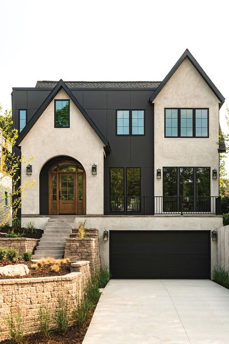 West Coast Modern Exteriors, Contemporary Traditional Home Exterior, Modern French Tudor Style Homes, House Outdoor Color Ideas, Tudor Modern House, Transitional Tudor Exterior, Modern French Exterior Homes, Black Stucco Exterior, Outside Home Colors