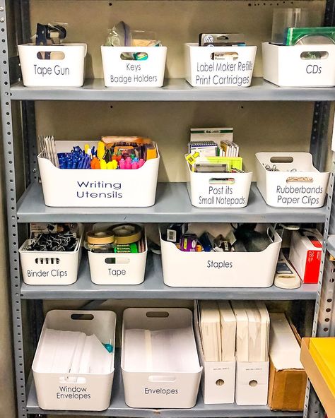 Home Office Organization Ideas Office Supplies Organization At Home, School Supply Room Organization, Organize Office Shelves, Document Organization Storage, Staff Storage Ideas, Office Material Organization, Office Supplies Organization At Work, Merchandise Organization Ideas, Doctor Office Organization