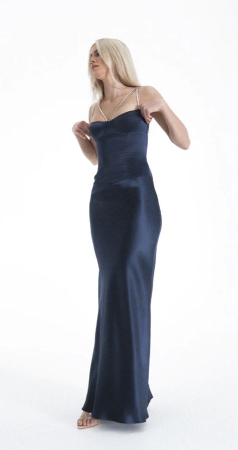 Navy Blue Silk Dress Prom, Navy Blue Silk Prom Dress, Elegant Blue Slip Dress For Prom, Chic Blue Satin Prom Dress, Navy Blue Formal Dresses, Blue Satin Prom Slip Dress, Aesthetic Navy Blue, Blue Formal Dresses, Aesthetic Navy