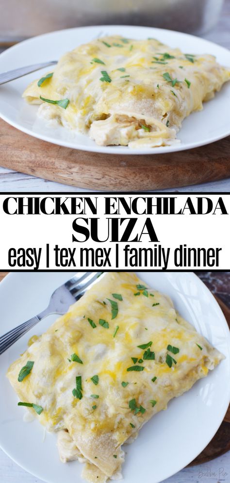 This Chicken Enchilada Suiza is a delicious, tex mex inspired dinner for any night of the week. These enchiladas are packed with chicken, a homemade salsa verde and then topped with a creamy, cheesy sauce. Suiza Sauce Recipes, Enchiladas Chicken Suizas, Enchilada Suiza Sauce, Tex Mex Chicken Enchiladas, Swiss Enchiladas Chicken, Chicken Suiza Enchiladas, Chicken Enchilada Suiza Recipe, Suiza Enchiladas, Enchilada Suiza Recipe