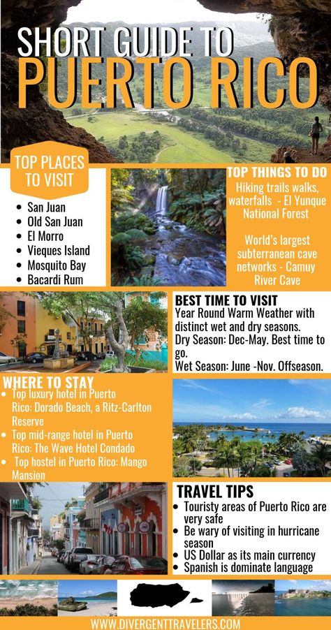 Short guide to Puerto Rico - Top places to visit in Puerto Rico - Top things to do in Puerto Rico - Best time to visit Puerto Rico - Where to stay in Puerto Rico - Top Puerto Rico Itinerarys - How to visit Puerto Rico - Puerto Rico travel tips #PlanyourtriptoPuertoRico #PuertoRicoTravelGuide #ThingstodoinPuertoRico #PuertoRico #shortguide Puerto Rico Itinerary, Visit Puerto Rico, Puerto Rico Travel, Puerto Rico Trip, Puerto Rico Vacation, Puerto Rican Culture, Camping Holiday, Cycling Tour, Porto Rico