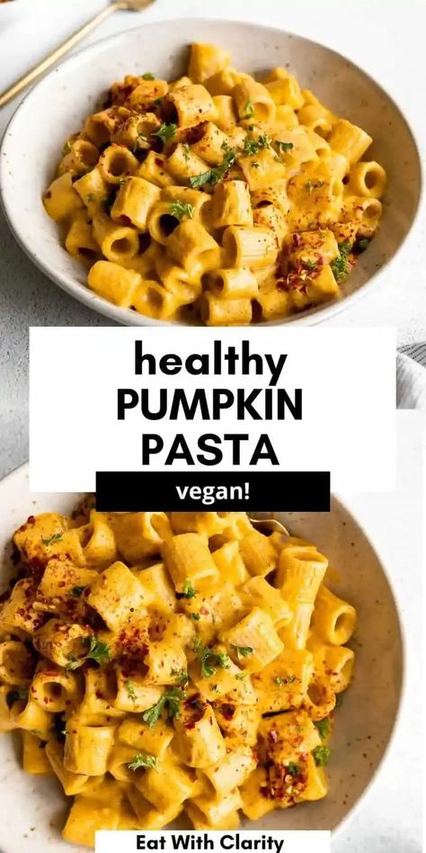 This creamy vegan pumpkin pasta is rich, healthy and perfect for a simple fall dinner. This vegan pasta recipe is nut free, full of flavor and ready in just 20 minutes. Dairy Free Pumpkin Pasta Sauce, Fall Vegan Pasta, Vegan Pumpkin Sage Pasta, Vegan Pumpkin Pasta Recipes, Pumpkin Pasta Healthy, Healthy Fall Recipes Vegan, Savory Pumpkin Recipes Vegan, Quick Healthy Vegan Dinner, Vegan Pumpkin Pasta Sauce