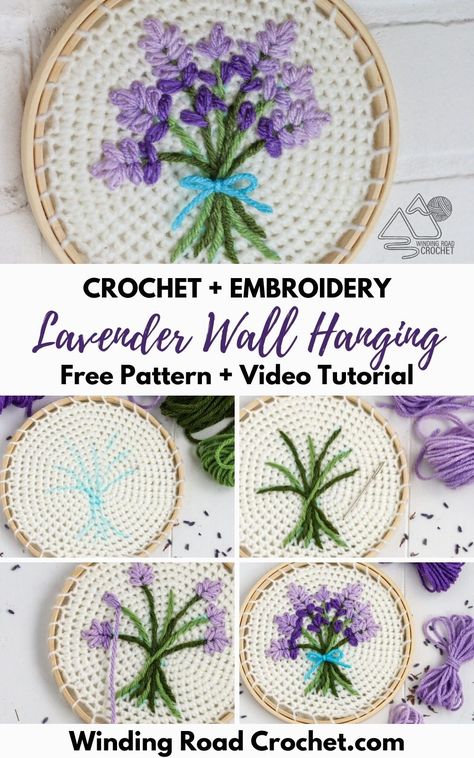 Learn to crochet and embroider this beautiful lavender wall hanging. Free crochet pattern and video tutorial by Winding Road Crochet. Crochet Hoop Wall Hanging, Diy Crochet Wall Hanging, Hoop Crochet, Crochet Room, Wall Flags, Crochet Lavender, Winding Road Crochet, Crochet Hoop, Knitting Things