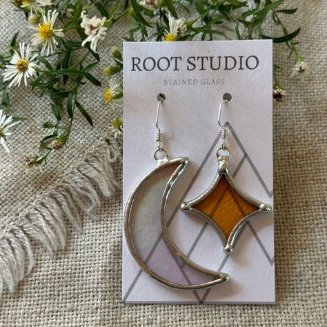 Star and Crescent Moon Stained Glass Earrings - Iridescent/Yellow – Root Studio Cabin Studio, Glass Cabin, Stained Glass Earrings, Stained Glass Jewelry, Stained Glass Diy, Stained Glass Crafts, Stained Glass Designs, Dope Jewelry, Funky Jewelry