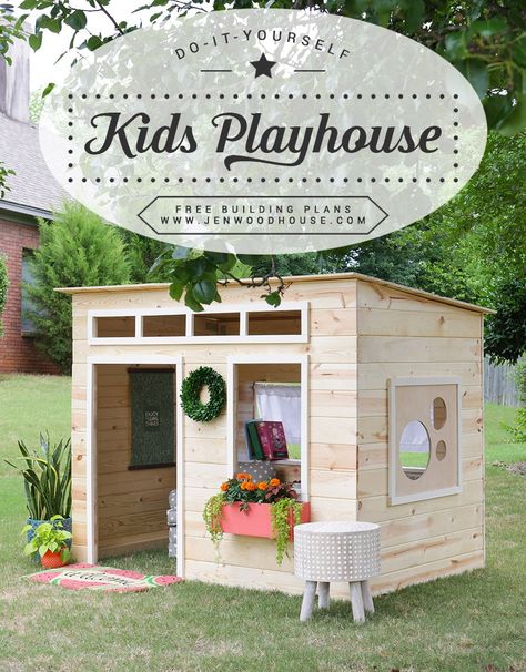 Simple Playhouse, Diy Kids Playhouse, Outside Playhouse, Kids Indoor Playhouse, Kids Playhouse Outdoors, Jen Woodhouse, Free Building Plans, Indoor Playhouse, Playhouse Plans