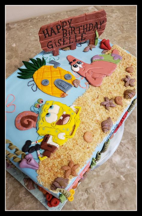 SpongeBob cake Patrick and Gary Spongebob Squarepants Cake, Pastel Bob, Spongebob Birthday Cake, 25th Bday, 25 Birthday, Spongebob Cake, Flat Cakes, Spongebob Square, Spongebob Birthday