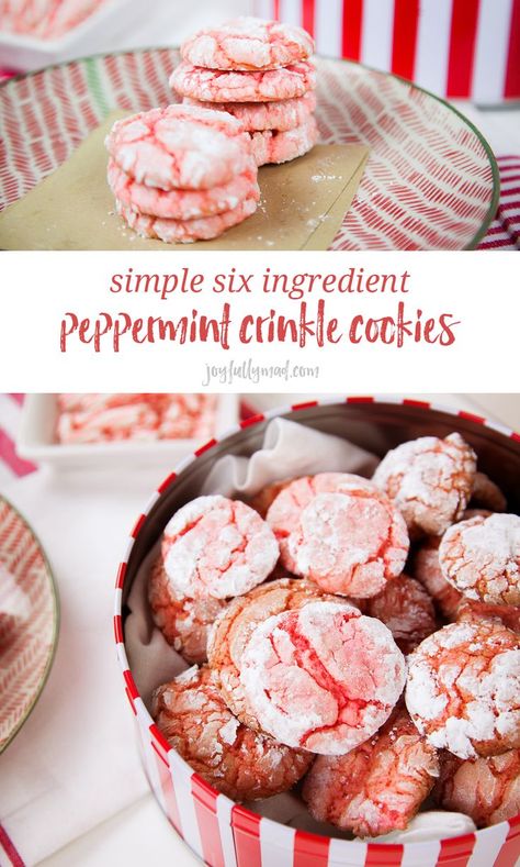 Ring in the holidays with these simple six ingredient peppermint crinkle cookies! These red and white cookies will be a hit at your holiday parties. Christmas Peppermint Recipes, Peppermint Crinkle Cookies, Candy Cane Party, Peppermint Recipes, White Cookies, Christmas Peppermint, Christmas Foods, Peppermint Cookies, Crinkle Cookies