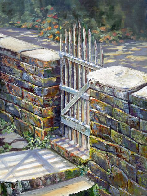 "Somewhere to go" an acrlic painting by Ginger Cook.                                                .Old weathered bricks  can be the focal point of a paintingl.                                            Check out my free video  on YouTube on how to paint old  bricks and a stucco wall. .  This painting won first place in 2005 for Best Acrylic Painting with mixed media; by ".THE INTERNATIONAL SOCIETY OF ACRYLIC PAINTERS" Brick Wall Painting, Stucco Wall, Building Painting, Acrylic Painting Lessons, Fence Paint, Stone Walls, Acrylic Oil Painting, Cooking Art, Art Instructions