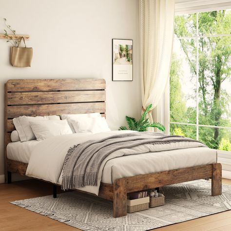 PRICES MAY VARY. 【Industrial and Rustic Style Appearance】The rustic bed frame with wooden headboard has a unique and innovative design of the entire headboard, which adopts an open horizontal bar design and the wood grain pattern adds a natural flavor. The headboard is high enough to allow your head and body to relax enough when you lie down. Rustic and vintage brown, the headboard and footboard are both industrial and farm-style, waterproof and scratch-proof, simple and modern, yet practical an Wooden King Size Bed, King Platform Bed Frame, Headboard With Shelves, Wood Platform Bed Frame, Wooden Platform Bed, Full Size Bed Frame, Bed Frame With Headboard, Full Bed Frame, King Size Bed Frame