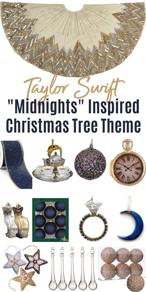 Love the Taylor Swift Midnights Aesthetic? Me too - so much so, I pulled together this Taylor Swift Midnights Inspired Christmas Tree Theme! Taylor Swift Midnights Era Aesthetic Christmas tree ornaments in moody midnight hues, punctuated by lots of bejewelled ornaments, gold stars and moons, and little ornaments representing Taylor Swift lyrics. The ultimate Swiftie Christmas Tree! Or just a gorgeous indigo and gold Christmas tree theme if you're not a fan! Love the stunning beaded tree skirt! Taylor Swift Eras Christmas Tree, Taylor Swift Christmas Aesthetic, Taylor Swift Themed Christmas Tree, Eras Tour Christmas Tree, Eras Christmas Tree, Star Christmas Tree, Taylor Swift Tree, Swiftmas Tree, Moon And Stars Christmas Tree