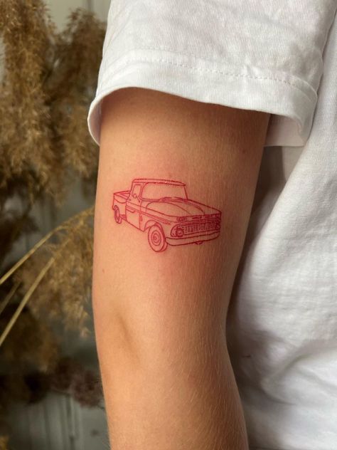 Car Wreck Tattoo, Bronco Tattoo Ideas, Fine Line Truck Tattoo, Tiny Truck Tattoo, Red Car Tattoo, Vehicle Tattoo Ideas, Simple Car Tattoo Ideas, Pick Up Truck Tattoo, Vintage Truck Tattoo