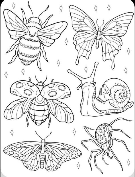 Cute Quirky Tattoos, Snail Line Art, Whimsical Tattoo Designs, American Traditional Beetle, Bug Tattoo Flash, Wasp Tattoo Design, Calf Tattoos Women, Tattoo Line Art, Printable Tattoos