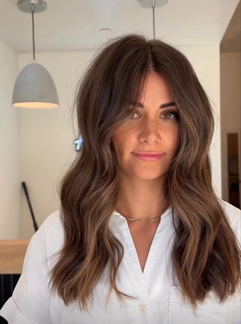 Layered Chocolate Brown Hair, Simple Brown Hair Color, Tan With Brown Hair, Dark Brunette Hair Highlights, Dark Root Light Brown Hair, Brunette Carmel Hair, Brunette Hair Summer 2023, Chocolate Brown Hair Baylage, Brunette All Over Hair Color