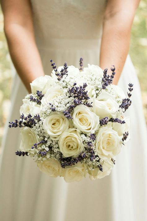 White Peonies And Lavender Bouquet, White And Lavender Centerpiece Wedding, Lavender White Wedding Theme, White Rose And Purple Bouquet, Lilac Wedding Bouquet Bridesmaid, White Lavender Bouquet, White Rose And Lavender Boutonniere, Wedding Bouquets Lavender And White, White Roses With Lavender Bouquet