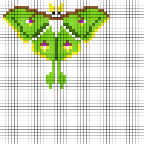 Luna Moth Perler Bead Pattern, Cottagecore Perler Bead Patterns, Luna Moth Cross Stitch Pattern Free, Pixel Moth Pattern, Moth Bead Pattern, Perler Bead Insects, Mushroom Fuse Bead Patterns, Lunar Moth Pixel Art, Luna Moth Perler Beads