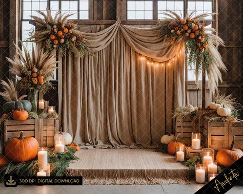 Modern Fall Photo Backdrop, Wild Flower Wedding Backdrop, Fall Birthday Backdrop Ideas, Autumn Photo Backdrop, Sweet 16 Fall Themes, Thanksgiving Backdrop Ideas Diy, Fall Stage Decor, Country Photo Backdrop, Fall Picture Backdrop