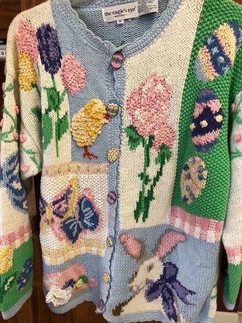 Eagle's Eye Knit Cardigan Sweater Easter Bunny Chick Tulips Button Front Eggs #EaglesEye #Cardigan #easter #eBay Vintage Novelty Sweater, Bunny Cardigan, Easter Sweater, Reselling Business, What To Sell, Funky Outfits, Knit Cardigan Sweater, Thrift Store Finds, Women's Sweaters