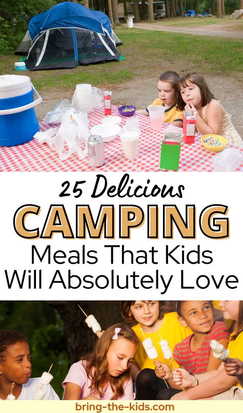 Family Friendly Camping Meals, Camping Foods For Kids, Kids Camping Food Ideas, Summer Camp Food Ideas For Kids, Kid Camping Food, Easy Meals For Camping Families, Easy Family Camping Meals, Camping Meals Kid Friendly, Girl Scout Camping Meals