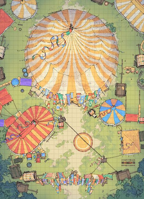 Top-Down Circus Tent / Witchlight Carnival Battle Map Ravenloft Carnival, Circus Battle Map Dnd, Witchlight Carnival Dnd, Dnd Carnival Map, Dnd Festival Map, Fantasy Carnival Art, Dnd Market Map, Circus Battlemap, Wild Beyond The Witchlight Art