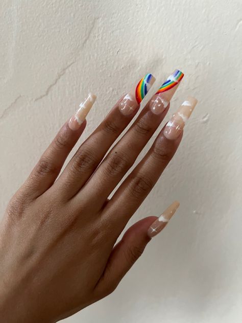 Clear Rainbow Nails, Rainbow Cloud Nails, Pride Nails Acrylic Coffin, Subtle Pride Nails, Rainbow Acrylic Nails, Rainbow Nails Acrylic, Pride Nails Designs, Pride Nail, Rainbow Nail Art Designs