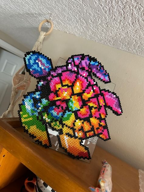 Trippy Turtle perler beads Hama Beads Turtle, Perler Bead Jellyfish, Giant Perler Bead Patterns, Tree Perler Bead Patterns, Sun Perler Bead Pattern, Huge Perler Bead Creations, Perler Beads Turtle, Perler Bead Patterns For Adults, Cool Perler Beads Ideas Awesome