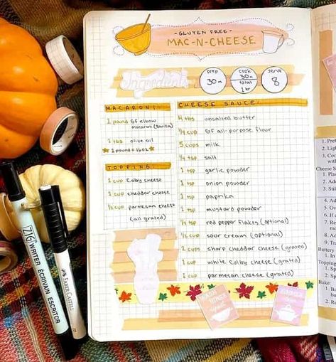 22 Bullet Journal Page Ideas For Thanksgiving - Our Mindful Life Cookbook Journal Ideas, Cooking Journal Ideas, Homemade Cookbook Ideas, Bujo Recipes, Cute Recipe Book Ideas, Food Recipes Journal, Recipe Notebook Ideas, Diy Cookbook Ideas, Recipe Journal Ideas Layout