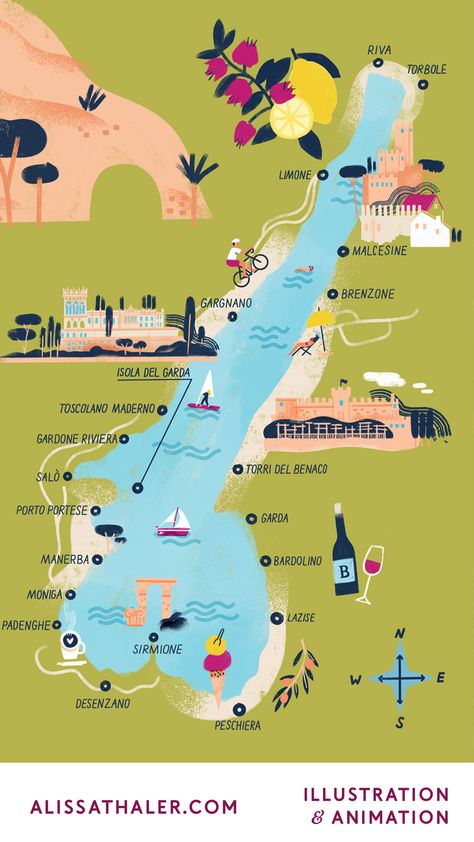 A map of Italy's lake Garda with various food, drinks and sight shown as illustrated highlights Lake Como Italy Map, Sirmione Italy Lake Garda, Lake Como Map, Lake Como Illustration, Lake Garda Italy Aesthetic, Lake Garda Aesthetic, Italy Map Illustration, Travel Map Illustration, Italy Travel Map