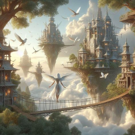 Heaven Kingdom Fantasy Art, Fantasy Cloud Kingdom, Dream Fantasy World, Air Kingdom Aesthetic, Valyrian Houses, Fantasy Sky City, Wind Kingdom, Mythical Cities, Air Kingdom