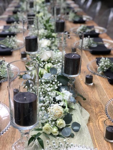 Black Gold And Green Centerpiece, Emerald Green Black White And Gold Wedding, Black And Green Flower Arrangements, Dark Green Centerpieces Wedding, Wedding Centerpieces Gothic, Black And Sage Table Setting, Stone Centerpieces Wedding, Black And Green Centerpieces Wedding, Black And Sage Green Boho Wedding