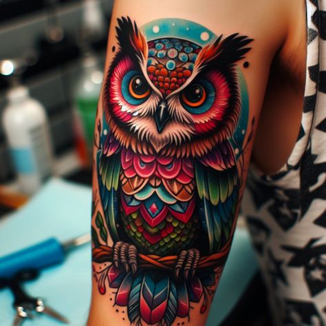 Unique owl tattoos that stand out. Explore creative ideas for your next tattoo session. #tattoo_art #tattoo_sketch #tattoo #tattoo_for_woman #tattoo_ideas #tattoo_for_man Colourful Tattoo Ideas For Men, Old School Owl Tattoo, Neo Traditional Owl Tattoo, Traditional Owl Tattoo, Owl Forearm Tattoo, Tattoo Art Ideas, Traditional Owl, Watercolor Owl Tattoos, Mens Owl Tattoo