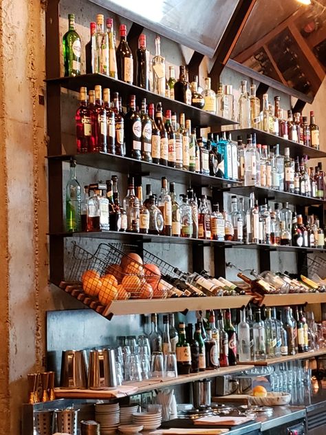 Bar Shelf Ideas Restaurant, Industrial Bar Shelving, Back Bar Shelving Design, Wine And Tapas Bar, Backbar Shelving, Back Bar Ideas, Brass Bar Shelves, Bar Shelves Ideas, Taproom Design