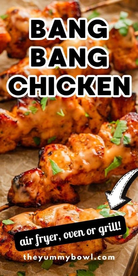 Juicy chunks of chicken on skewers, generously smothered in sweet and tangy bang bang sauce, cooked to tender, caramelized perfection. Enjoy it as a satisfying entrée or share it as a party snack, these Bang Bang Chicken Skewers taste incredible! Air Fryer, Oven or Grilled! Band Bang Chicken Skewers, Good Grilled Chicken Recipes, Grilling Ideas For Dinner Chicken, Grill Chicken Recipes For Dinner, Chicken Dinner Recipes Summer, Kristin Cavallari Bang Bang Chicken, Easy Bang Bang Chicken, Bangbang Chicken Skewers, Campfire Chicken Recipes