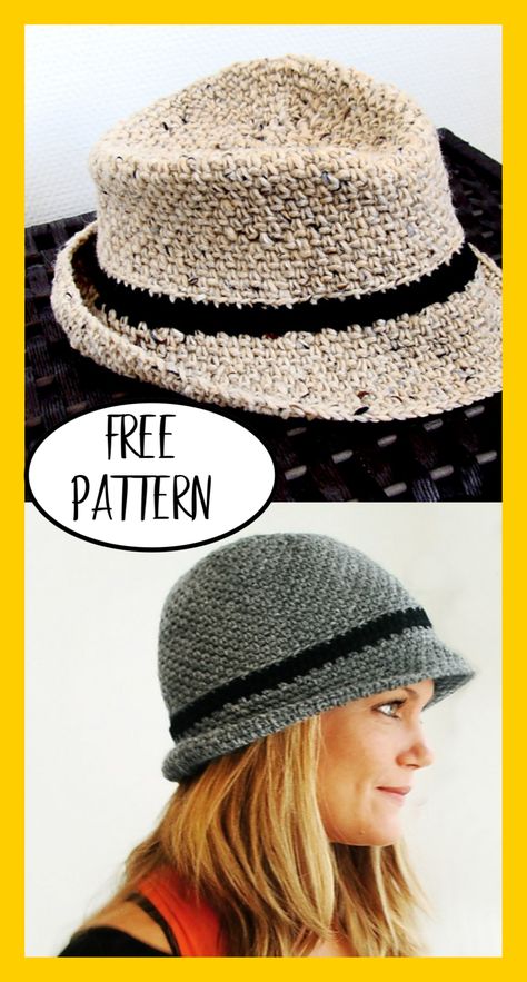 Fedora Crochet Hat Pattern Free, Free Beanie Hat Pattern, Crochet Crusher Hat Free Pattern, Crochet Chemo Hat Pattern Free, Crochet Sunhats Free Pattern, Pola Kupluk, Crochet Bucket Hat Free Pattern, Rope Knitting, Cappello Cloche