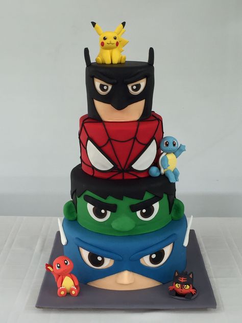 Sperheroes and pokemon cake! You can have it al!! @marvel @DC @pokemon Avengers Themed Cakes, Marvel Birthday Cake, Hulk Birthday Cakes, Avengers Cake Topper, Hulk Cake, Super Hero Cake, Avengers Cake, Spiderman Birthday Cake, Marvel Birthday Party