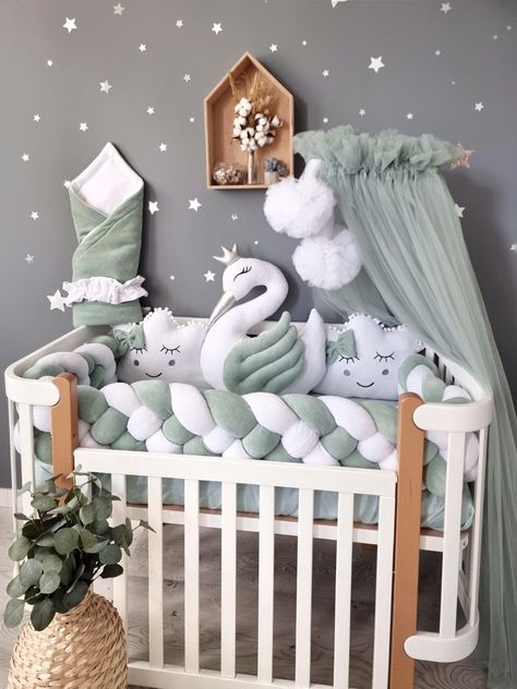 New Baby Room Ideas, Sage Colored Nursery, Baby Sets Bedding, Baby Crib Decoration Ideas, Corner Nursery In Bedroom, Sharing Room With Newborn, Baby Bed Ideas, Nursery Corner In Parents Room, Baby Corner In Parents Room Small