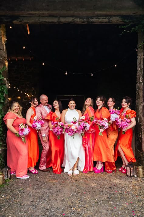 Bright vibrant orange bridesmaid dresses and suit for the bridal party wearing hot pink shoes Bridesmaid Suits, Blue Bridesmaid Dresses Short, Orange Bridesmaid, Indian Bridesmaid Dresses, Orange Bridesmaid Dresses, Frozen Margaritas, Bohemian Festival, Pink Bridesmaid Dresses, Rock My Wedding