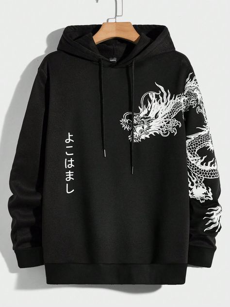 Men Japanese Letter & Dragon Graphic Drawstring Hoodie Black Casual  Long Sleeve Knitted Fabric Animal,Letter  Medium Stretch  Men Clothing, size features are:Bust: ,Length: ,Sleeve Length: Japanese Letter, Dragon Graphic, Kids Sports Shoes, Kids Activewear, Drawstring Neckline, Men Hoodies, Shorts Sweatpants, Sport Shoes Women, Google Lens