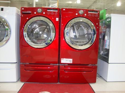 Red washer and dryer This is one of my top two choice. This or the blue-green one. Red Washer And Dryer, Laundry Room Stackable, Red Appliances, Colored Kitchen, Laundry Room Storage Shelves, Home Laundry Room, South Sydney Rabbitohs, Small Laundry Room Organization, Lg Washer