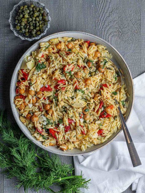 Warm Orzo Salad, Orzo Asparagus, Mediterranean Orzo Salad, Mediterranean Orzo, Seasoned Chickpeas, Orzo Dishes, Orzo Salad Recipes, Thanksgiving Salad, How To Cook Orzo