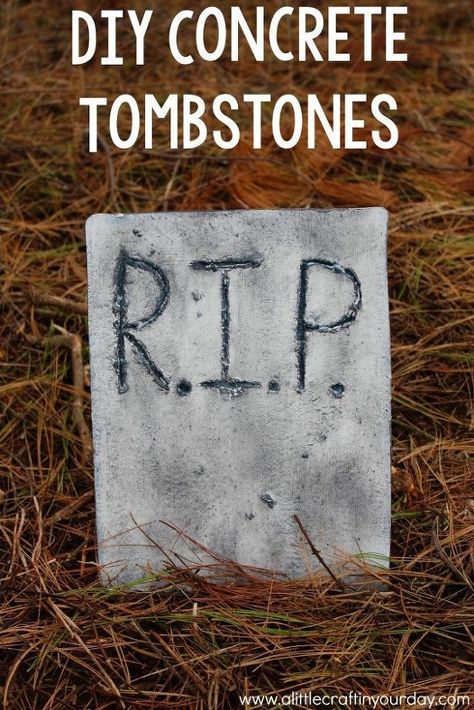 Halloween Home Decorating Idea for DIY Concrete Tombstones! Design these easy DIY Halloween Tombstones using concrete and a cake pan for a mold with this easy Halloween craft tutorial to decorate your home for the holiday! Concrete Candle Holders Diy, Printed Concrete, Rustic Cake Stands, Garden Spheres, Concrete Stepping Stones, Mother Daughter Projects, Concrete Candle Holders, Halloween Tombstones, Concrete Bowl