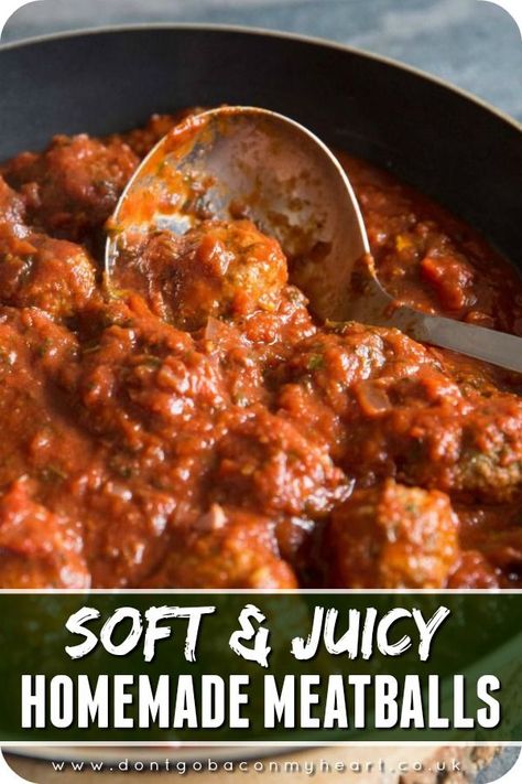 A few incredibly simple but crucial steps to making soft & juicy homemade meatballs. Once you try this recipe you'll never make them any other way! #meatballs #homemademeatballs #meatballsauce #bestmeatballs | www.dontgobaconmyheart.co.uk Juicy Meatballs Recipes, Soft Meatballs Recipes, Scratch Spaghetti Sauce, Soft Meatballs, Spaghetti Sauce With Fresh Tomatoes, Meatballs Homemade, Spaghetti Tomato, Spaghetti Sauce From Scratch, Meatballs Marinara