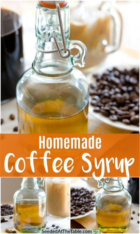 Mix together sugar and water in a sauce pan to make this simple coffee syrup that will store on your shelf for months.  Use it to sweeten your iced coffee beverage - or any cold drink - instead of table sugar so it blends nicely without needing to dissolve. Iced Coffee Popsicles, Homemade Staples, Vanilla Syrup For Coffee, Sugar Free Coffee Syrup, Homemade Coffee Syrup, Coffee Popsicles, Starbucks Tea, Peppermint Syrup, Homemade Coffee Creamer