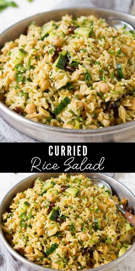 Curried rice salad in a silver bowl, on a gray napkin. Healthy Grain Salads, Leftover Rice Salad Recipes, Cold Rice Dishes, Jasmine Rice Salad Recipes Cold, Basmati Rice Salad Recipes, Cold Rice Salad Recipes Side Dishes, Vegan Rice Salad Recipes, Rice Salad Recipes Cold Healthy, Italian Rice Salad Recipes Cold