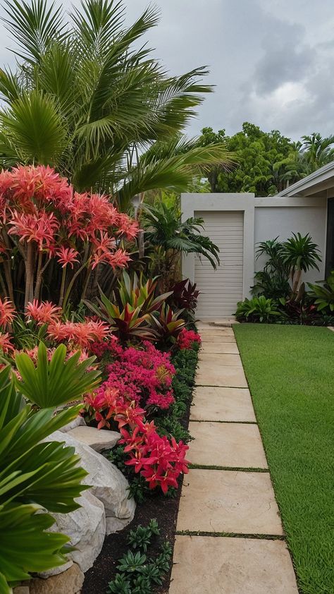 Transforming Your Outdoor Space: 15 Exciting Tropical Landscaping Ideas - Fads Sloped Front Yard Landscaping Ideas, Tropical Landscaping Around Pool, Tropical Landscaping Front Yard, Florida Garden Ideas, Stunning Landscaping, Tropical Backyard Landscaping, Small Tropical Gardens, Outdoor Makeover, Tropical Landscape Design