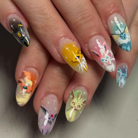 🔥💫🌀💧🖤⚡️🍃 #pokemon #eevee #eeveelution #pokemonnails #nailart #handpainted #characternails #nailartist #gelnails #gelx #apres #auranails #phoenixnails #aznails #nintendo Eevee Nails, Pokemon Nails Designs, Nintendo Nails, Zelda Nails, Pokemon Nail Art, Pokemon Nails, Pokemon Eevee, Nails Inspo, Pokemon Art