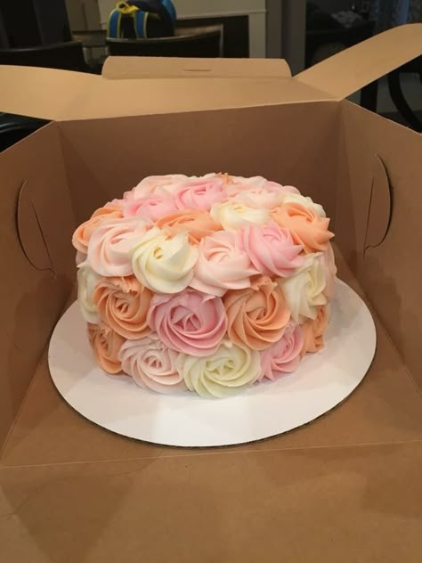 Pink, peach, and white rosette cake Pink Coral Cake, Peach Color Cake, Peach Cake Design, One Sweet Peach Cake, White Rosette Cake, Peach Items, Coral Cake, Cake Designs For Girl, Cake Orange