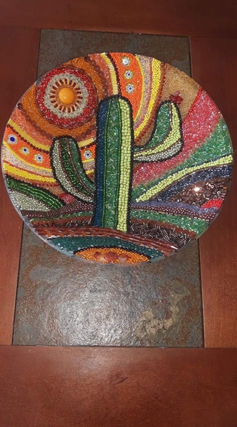 Cactus Mosaic Ideas, Western Mosaic Art, Southwest Mosaic Patterns, Waterfall Backsplash, Cactus Mosaic, Mosaic Cactus, Mosaic Stairs, Painted Rock Cactus, Brazil Art