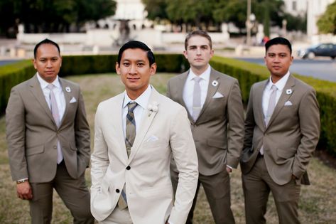 Beige and Taupe Groom and Groomsmen Suits Beige Groomsmen, Tan Groomsmen Suits, Beige Suits Wedding, Tan Groomsmen, Beige Wedding Dress, Gray Groomsmen Suits, Groom Suit Grey, Taupe Wedding, Wedding Groomsmen Attire