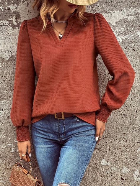 Rust Colored Blouse Outfit, Rust Blouse Outfit, Rust Outfits For Women, Rust Blouse, Romantic Tops, Lantern Sleeved Blouses, Notched Neckline, Warm Undertone, Plain Tops