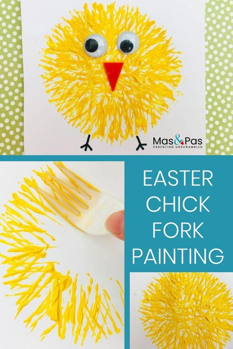 Make these fab Easter chicks using a fork and some paints! Fork painting is one of the quickest and funnest way to get painting with toddlers. This craft will make you a beautiful painting of a little chick which kids will love to look at it and enjoy it in the spring time. | Easter Crafts for Kids   #painting #kidsactivity #funactivity #easter #eastercraft Fork Painting, Påskeaktiviteter For Barn, Fork Crafts, Easter Crafts Preschool, Easter Crafts For Toddlers, Toddler Painting, Aktiviti Kanak-kanak, Easter Preschool, Easy Easter Crafts